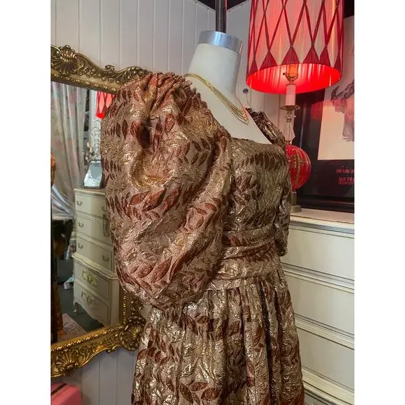 1970s rust and gold brocade formal gown puff sleeves jay jacks metallic ombre sm - Picture 3 of 10
